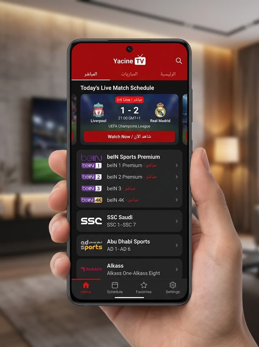 واجهة تطبيق ياسين تيفي Yacine TV APK - قائمة قنوات بي ان سبورت beIN Sports و SSC وجدول مباريات اليوم بث مباشر